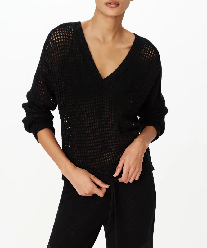 V-Neck Knit TopsCotton Cashmere Mesh Stitch V-Neck Sweater - Black