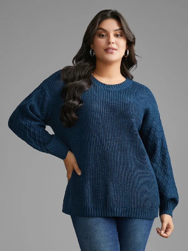 Work Knit TopsCable Knit Texture Lantern Sleeve Pullover