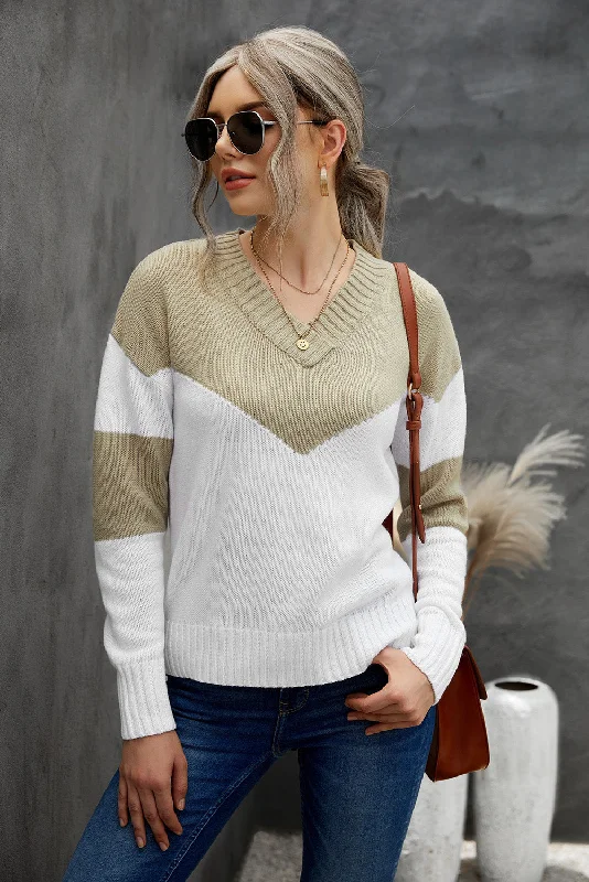 Fishing Knit TopsChevron Color Block V-Neck Dropped Shoulder Sweater