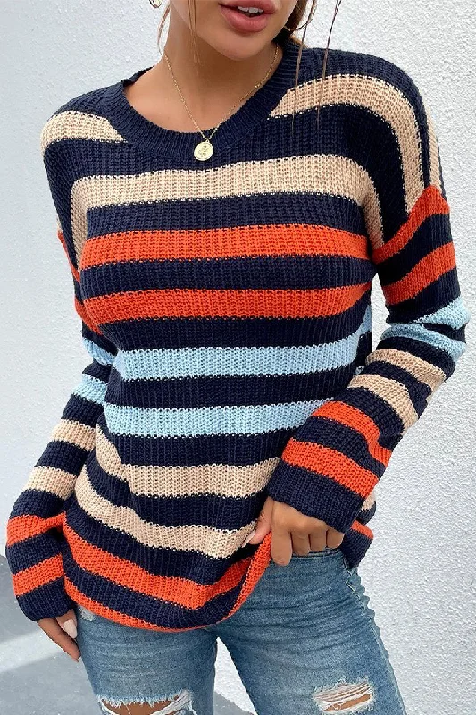 Sequined Knit TopsColor Block Substantial Striped Crew Neck Knit Sweater