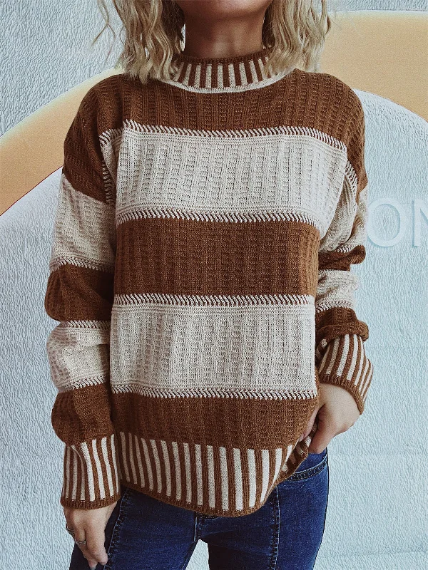 Fishing Knit TopsContrast Round Neck Long Sleeve Sweater