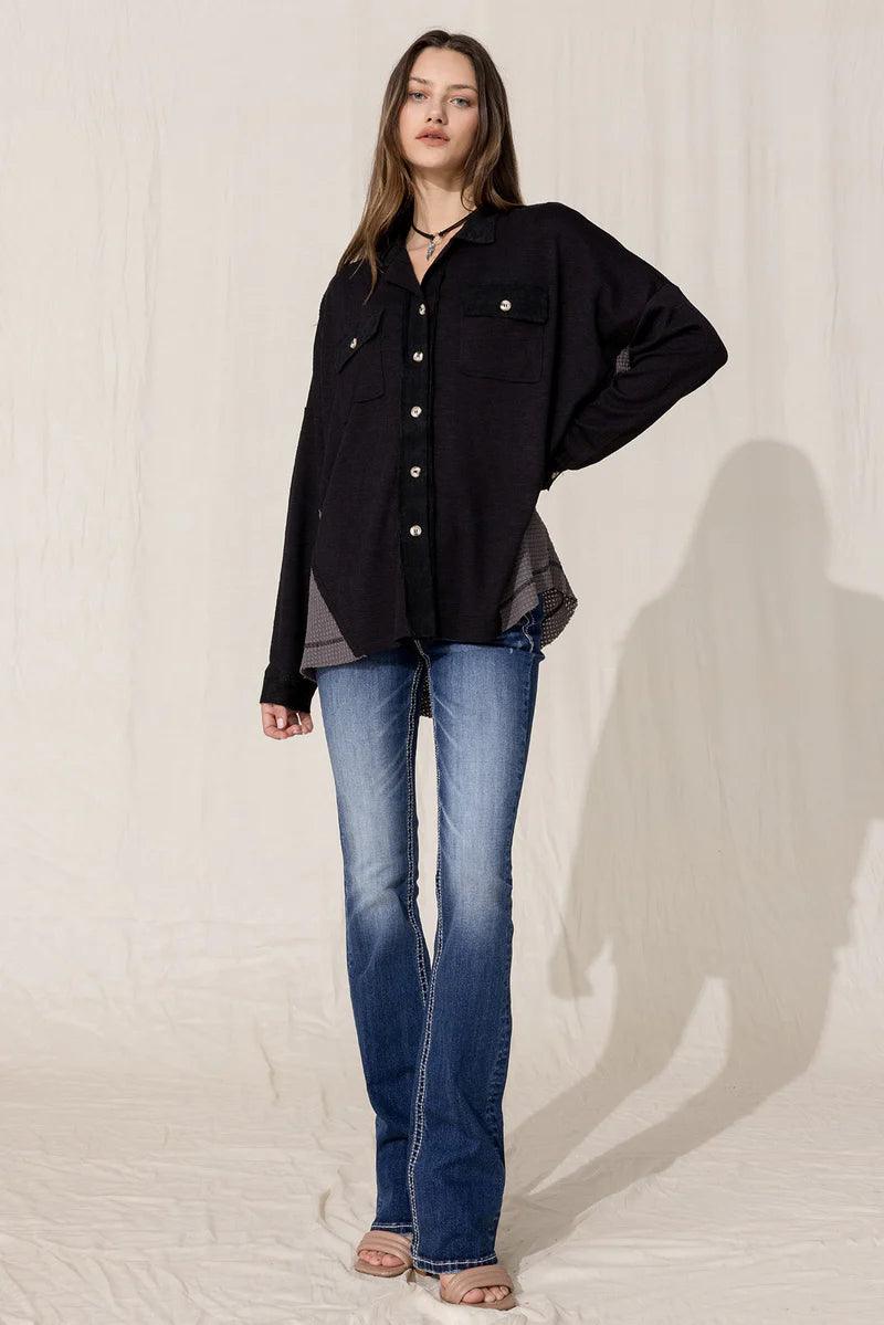 Silk Knit TopsMiss Me Women's Black Oversized Rib Knit Button Down Shirt MJ0385L