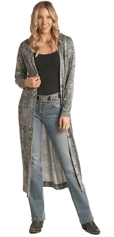 Running Knit TopsPanhandle Aztec Printed Black and Gray Sweater Duster with Pockets WLWT34R0I7