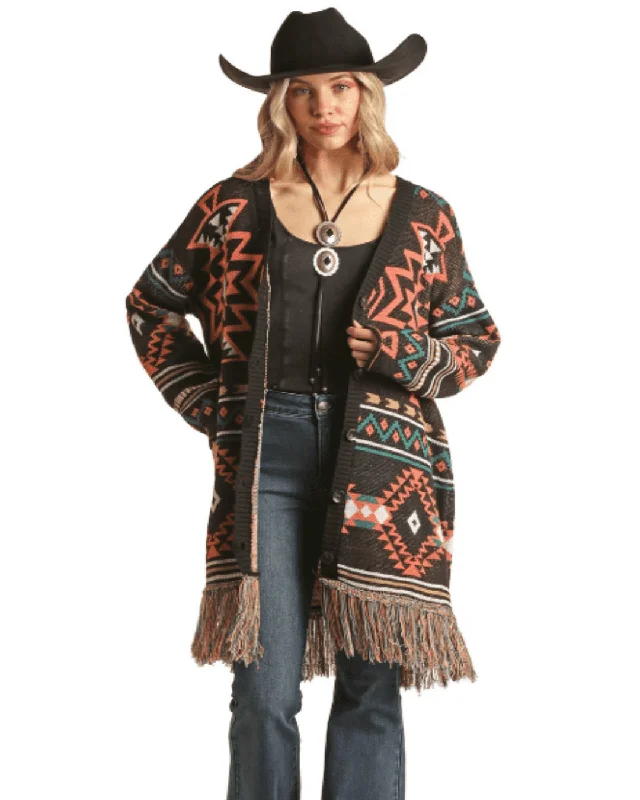 Embroidered Knit TopsRock & Roll Cowgirl Women's Black Aztec Fringe Cardigan BW95T02739