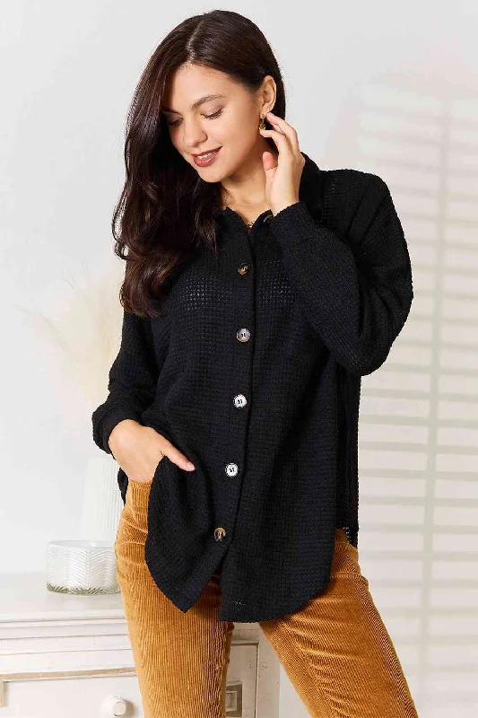 Luxury Knit TopsDouble Take Waffle-Knit Collared Neck Dropped Shoulder Shirt