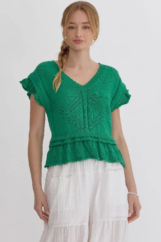 Recycled Fabric Knit TopsShort Sleeve Crochet Detailed Sweater