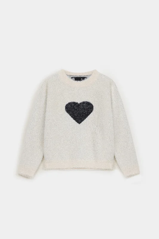 Organic Cotton Knit TopsCrew Neck Heart Print Sweater