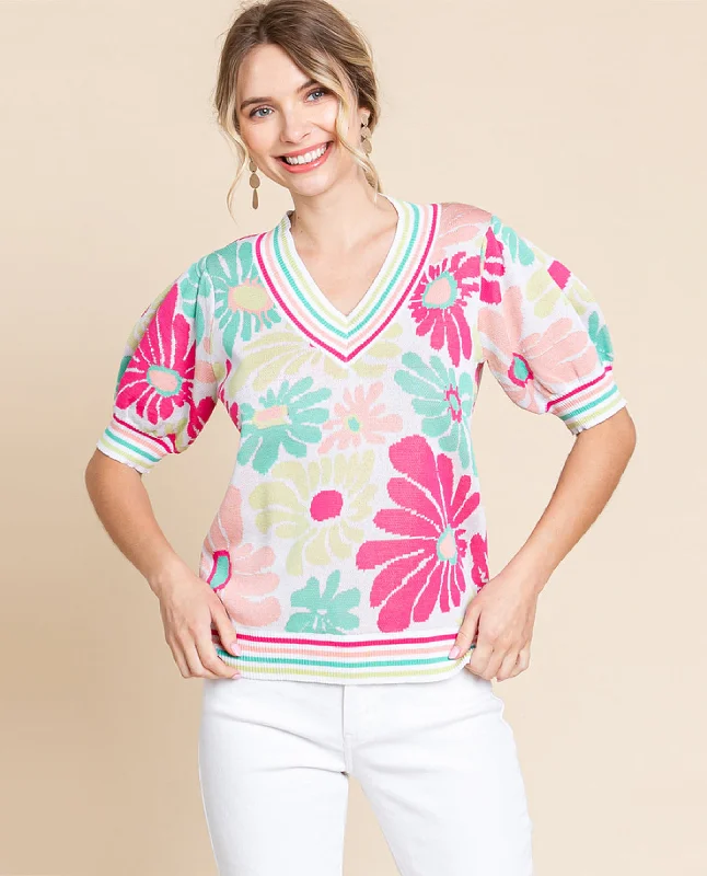 Cropped Knit TopsFloral Print Short Sleeve Sweater