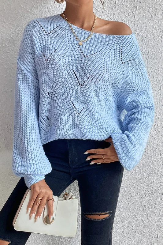 Studded Knit TopsOpenwork Boat Neck Dropped Shoulder Sweater