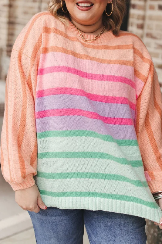 Performance Knit TopsPink Stripe Color Block Balloon Sleeve Crewneck Plus Size Sweater