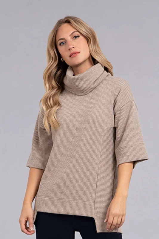 Plush Knit TopsStep Hem Elbow Sleeve Rib Sweater | Camel