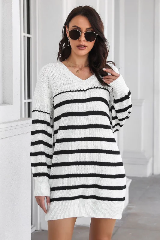 Button-Up Knit TopsStriped V-Neck Drop Shulder Sweater Dress