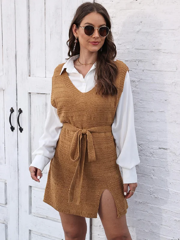 Plush Knit TopsTie Front V-Neck Sleeveless Slit Sweater Dress