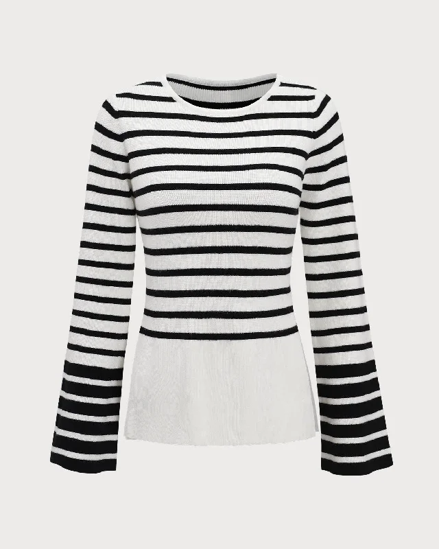 Leather-Paneled Knit TopsWhite Striped Boat Neck Sweater