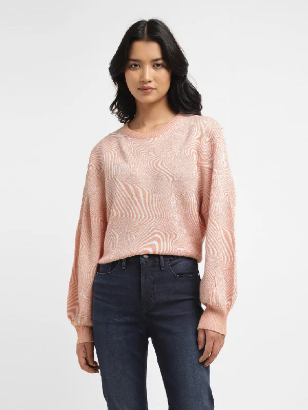 Oversized Knit TopsWomen's Abstract Print Peach Crew Neck Sweater