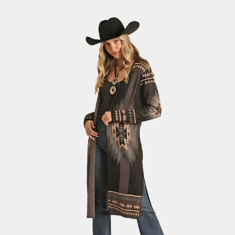 Metallic Knit TopsRock and Roll Denim Aztec Print Duster Sweater