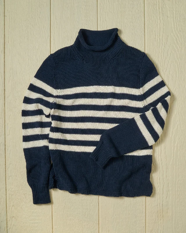 Yoga Knit TopsWomen's Fisherman's Sweater in Navy/Egret Breton Stripe