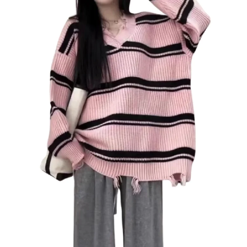 Retro Knit TopsWomen's Raw Edge Striped Knitted Sweater