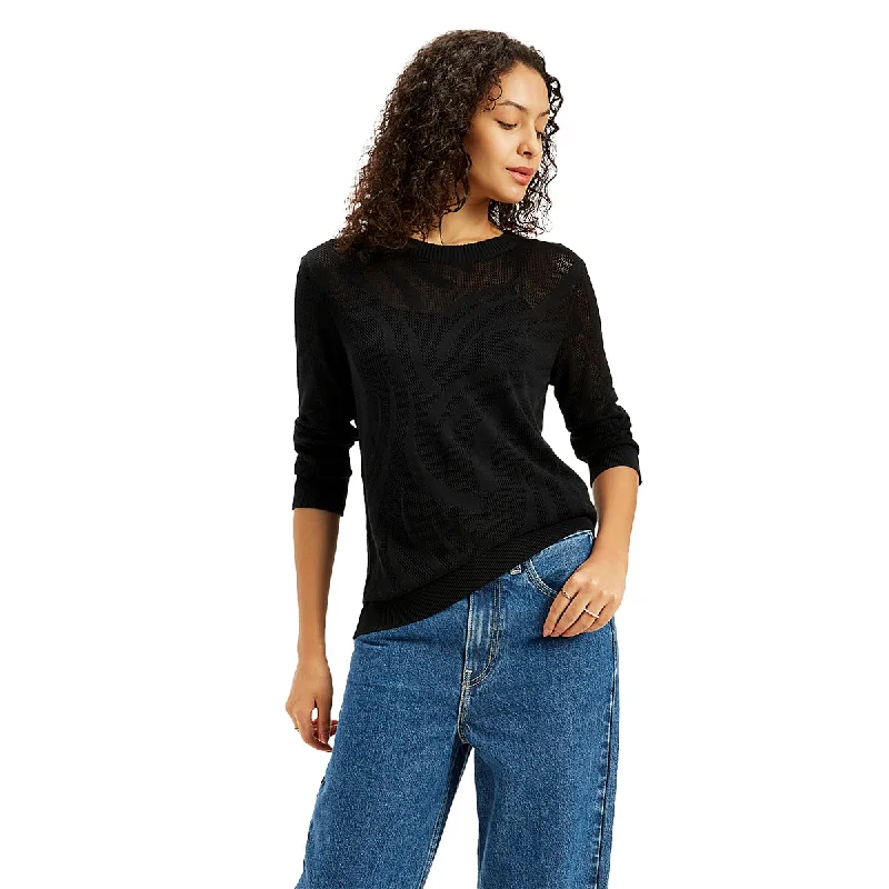 Limited Edition Knit TopsWomen's Self Design Black Crew Neck Sweater