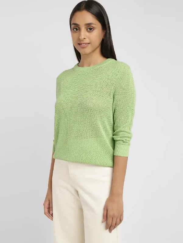 Painted Knit TopsWomen's Self Design Green Crew Neck Sweater