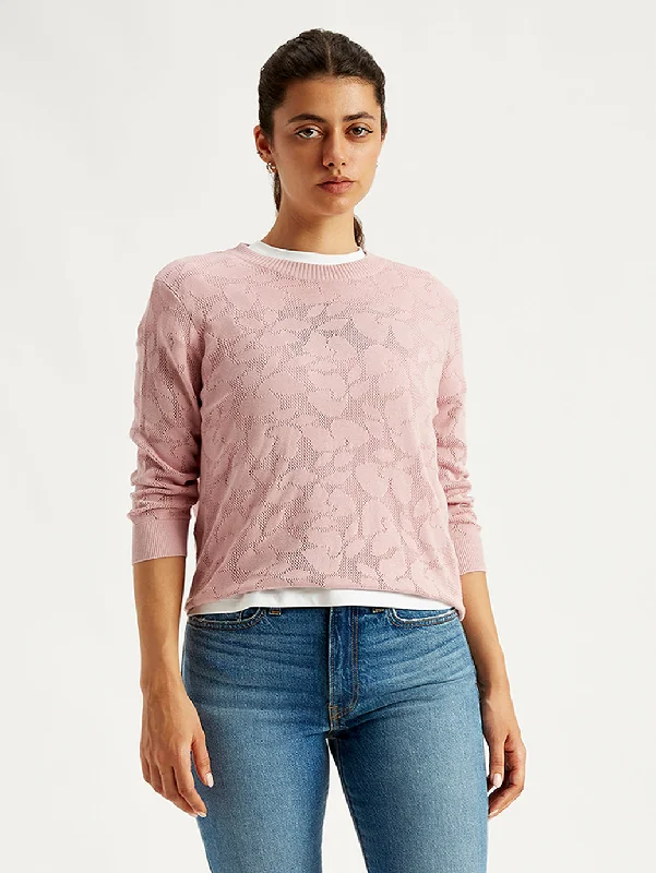 Spring Knit TopsWomen's Self Design Light-Pink Crew Neck Sweater