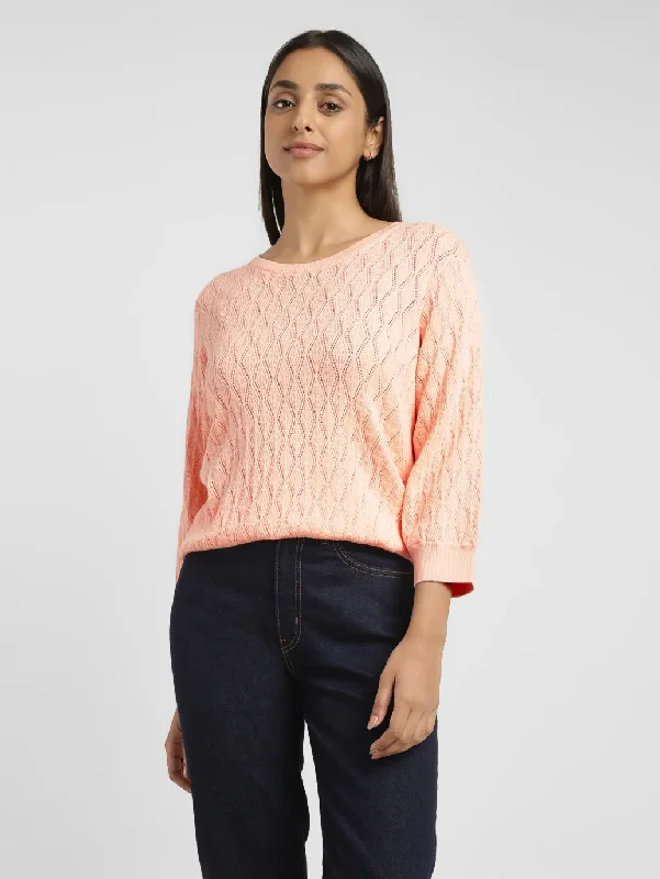 Spring Knit TopsWomen's Self Design Peach Crew Neck Sweater