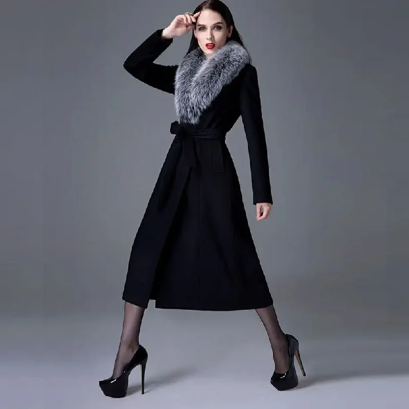 Denim JacketsWoman Autumn Winter Thick Warm Wool Coat with Real Fox Fur Collar