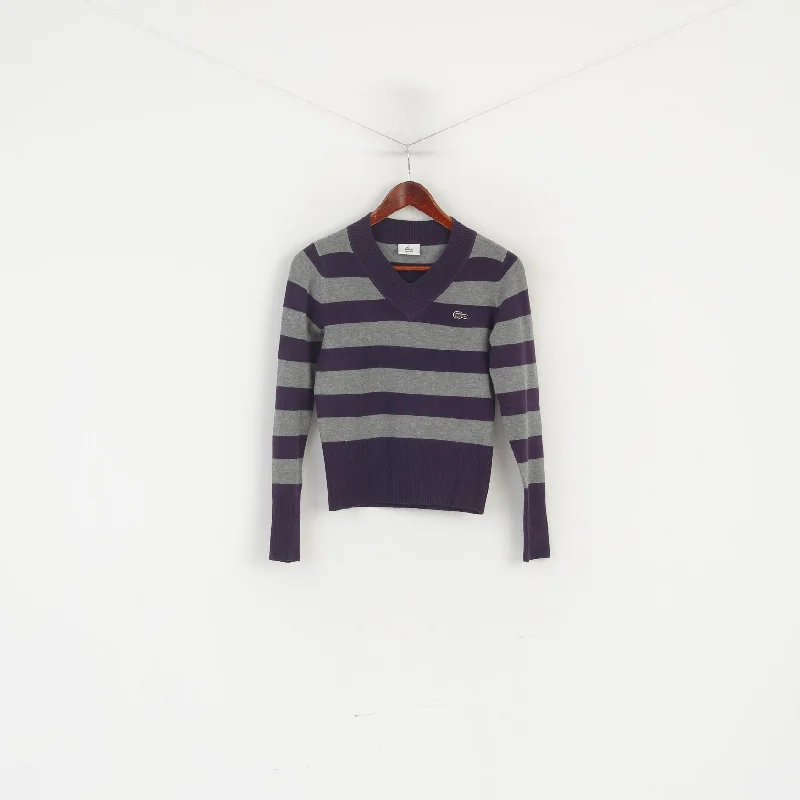 CroptopinnovationLacoste Women M Jumper Grey Purple Striped Cropped Stretch V Neck Sweater