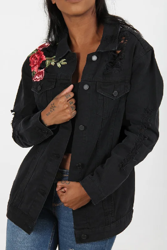 Pea CoatsDestructed Rose Patch Denim Jacket