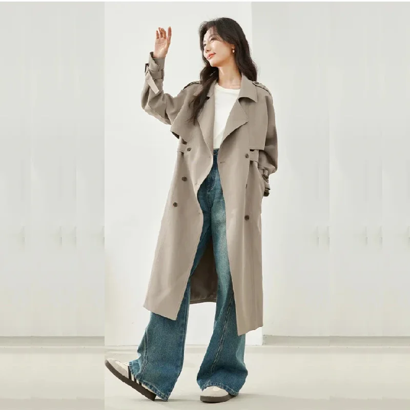 Hooded JacketsElegant Long Trench Coat for Women – Fall 2024 Double-Breasted Windbreaker