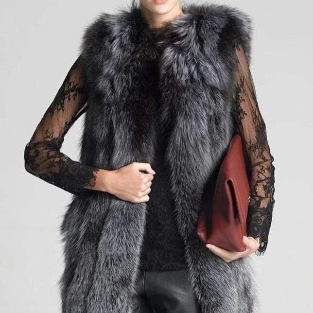 Ribbed Cuff JacketsEuropean Celebrities Style High Fashion 100/100 Natural Fox Fur Vest