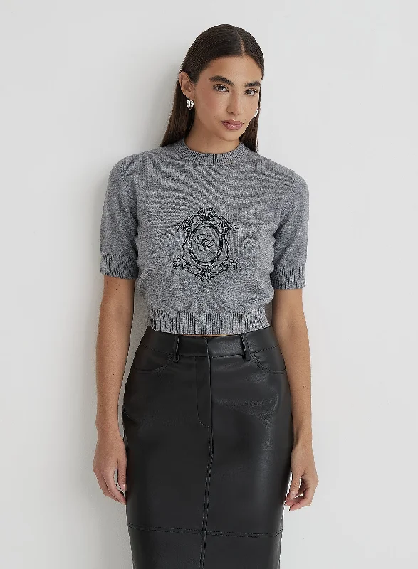 CroptoptrendsetterGrey Cropped Knitted Emblem Top- Kay