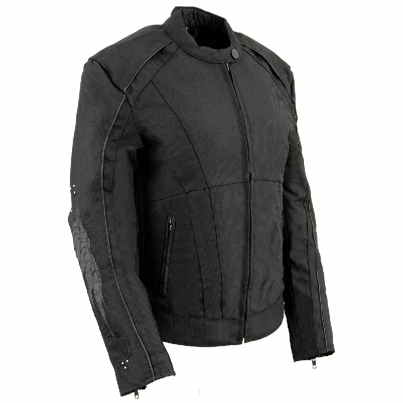 Travel JacketsMilwaukee Leather MPL1954 Women's 'Studded Wings' Black Textile Moto Jacket