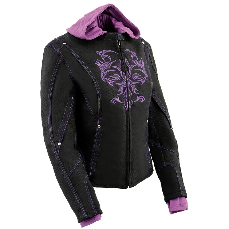 Hooded JacketsMilwaukee Leather MPL1967 Women's 3/4 Hooded Black and Purple Textile Jacket with Reflective Tribal Detail