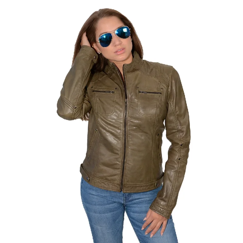 Waterproof JacketsMilwaukee Leather SFL2800 Women's 'Racer' Olive Stand Up Collar Motorcycle Fashion Leather Jacket