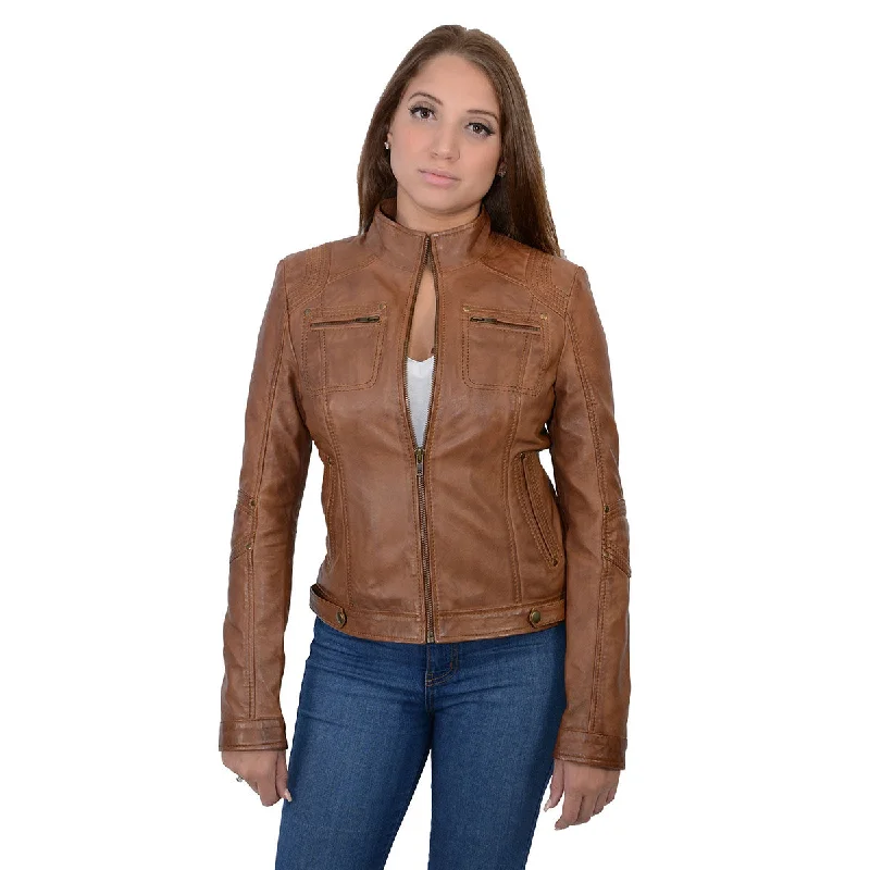 Summer JacketsMilwaukee Leather SFL2800 Women's 'Racer' Whiskey Stand Up Collar Motorcycle Fashion Leather Jacket