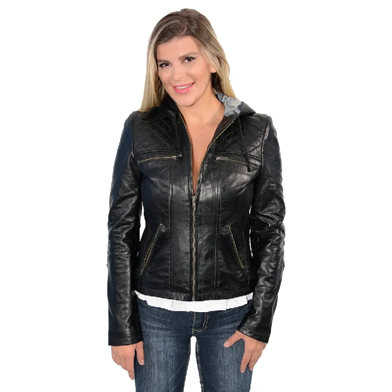 BlazersMilwaukee Leather SFL2810 Women's Black Scuba Style Fashion Leather Jacket with Drawstring and Hoodie