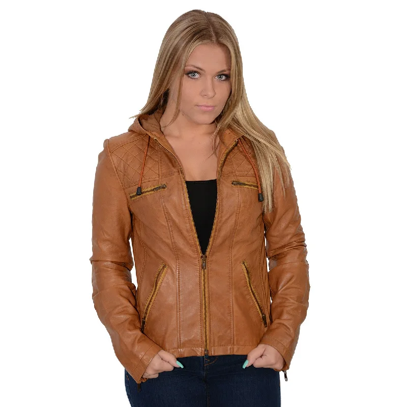 Cropped JacketsMilwaukee Leather SFL2810 Women's Cognac Scuba Style Fashion Leather Jacket with Drawstring and Hoodie