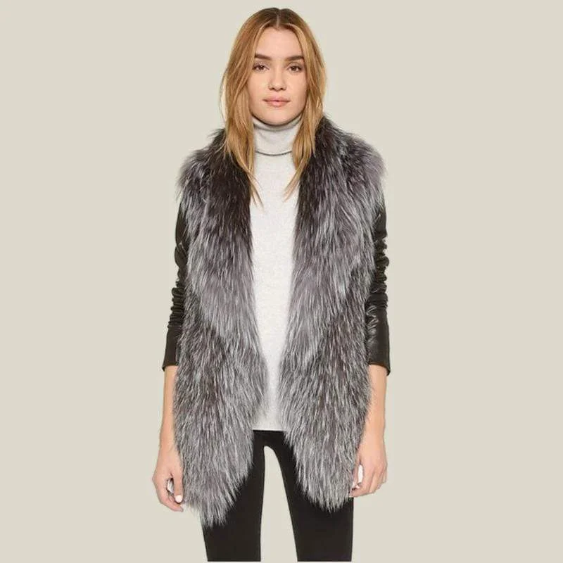 College JacketsReal Knit Silver Fox Fur Vest With Collar