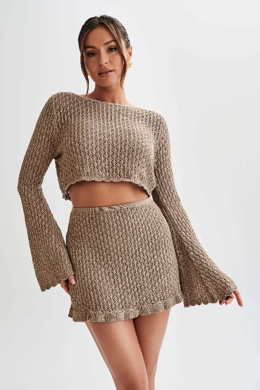 CroptopcyberSian Knit Long Sleeve Crop Top - Taupe