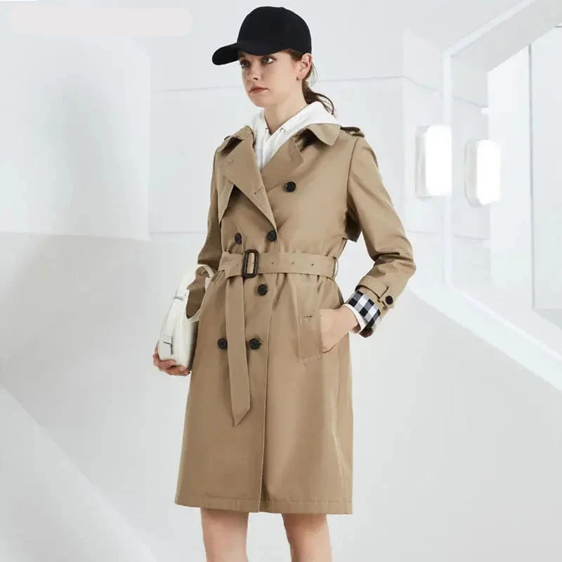 Trench Coats2024 Women's Classic Slim Double-Breasted Belted Trench Coat – High-End, Long Casual Office Windbreaker