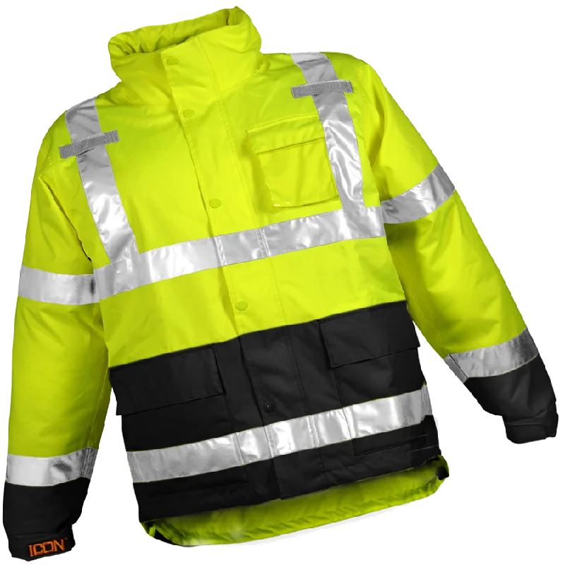 Wool JacketsIcon™ Jacket - Type R Class 3 - Fluorescent Yellow-Green-Black - Attached Hood - Silver Reflective Tape