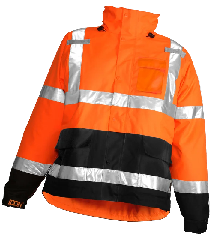 Bomber JacketsIcon™ Jacket - Type R Class 3 - Fluorescent Orange-Red-Black - Attached Hood - Silver Reflective Tape