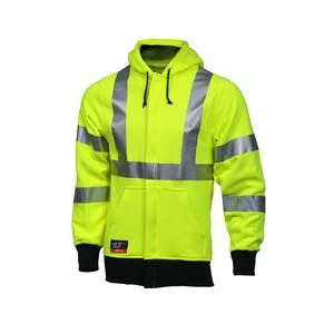 Button-Up JacketsType R Class 3 FR Sweatshirt - Fluorescent Yellow-Green - Hooded - FR Zipper Closure - 2 Pockets - Silver FR Reflective Tape