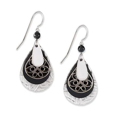 Silver Forest Earrings Silver Black Tear Filigree