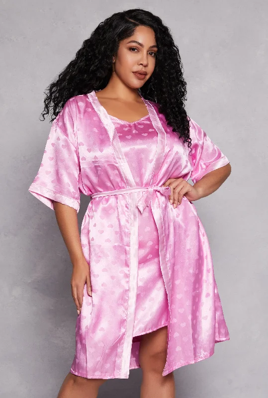 Plus Size Satin Heart Print Cami Nightgown with Robe