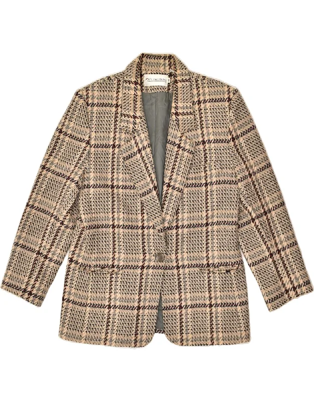 BlazertailorVINTAGE Womens 1 Button Blazer Jacket UK 14 Large Beige Check Wool