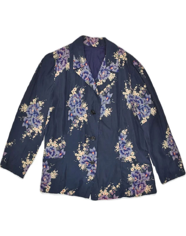 BlazercommunityVINTAGE Womens 3 Button Blazer Jacket UK 16 Large Navy Blue Floral