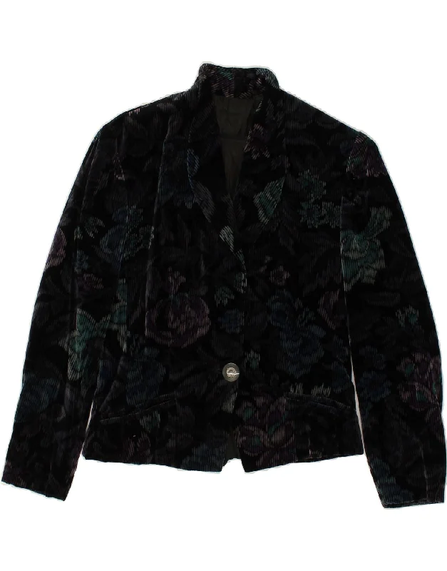 BlazerluxuryVINTAGE Womens Corduroy 1 Button Blazer Jacket UK 10 Small Black Floral