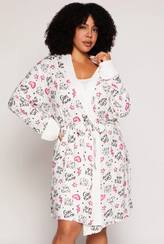 Plus Size Girl Boss Graphic Cami Nightgown with Robe